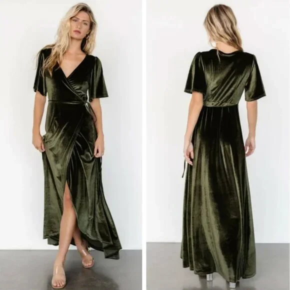 NWT Baltic Born | Katelyn Dark Olive Green Velvet Maxi Wrap Dress | Size XXL - Picture 1 of 15